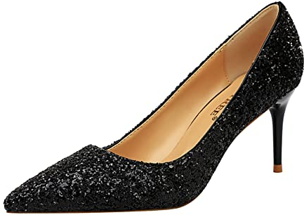 BININBOX Spitze Pumps Pailletten High Heels Stiletto Abendschuhe Hochzeit Prom Party mit 7cm Absatzhöhe (Schwarz, Adult, Women, Numeric_41, Numeric, eu_Footwear_Size_System, medium), WM201UY