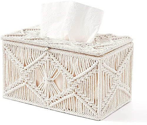Hbaebdoo Einzigartige Boho Rechteckiger Taschentuch Box Abdeckung mit Perlen Schnalle Makramee Servietten Taschentuch Organizer Hause ca. 25,4x14x13 cm Beige