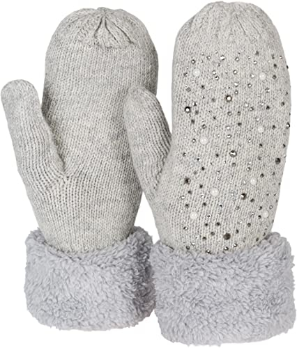styleBREAKER Damen warme Winter Strick Fäustlinge mit Strass und Perlen, Handschuhe, Thermo Fleece, Strickhandschuhe 09010039, Farbe:Hellgrau