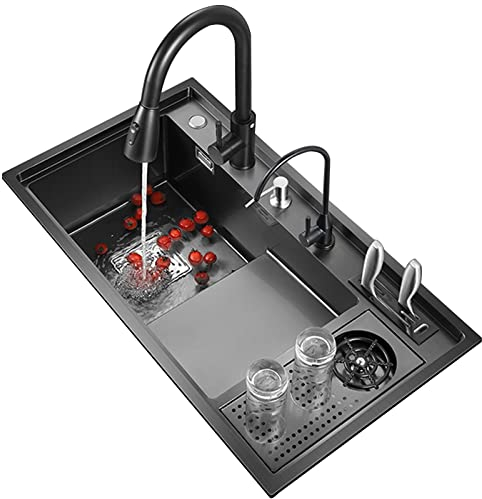 Fregadero De Cocina con Lavavasos Fregadero De Acero Inoxidable Negro Fregadero Escalonado Grande con Porta Cuchillos Incluye Grifo Y Accesorios