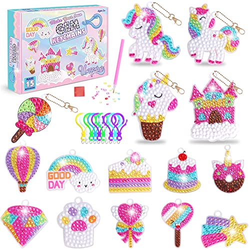UMILKI 15 Pcs 5D Diamond Painting Kinder, Mädchen Diamond Painting Schlüsselanhänger Einhorn mit Karabiner Pinsel, Diamant Malerei Schlüsselanhänger für kinder ab 8 jahre