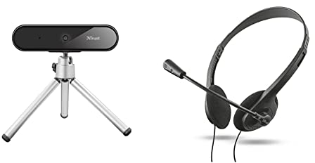Trust Tyro Webcam Full HD 1080p mit Mikrofon für PC, Weitwinkel, Auto Fokus, USB Plug and Play - Schwarz & 21665 Primo Headset für PC und Laptop schwarz