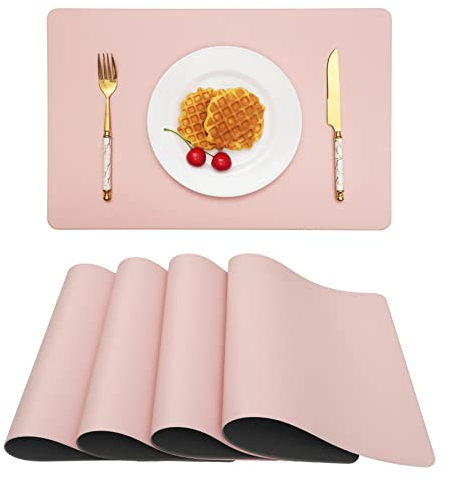 Vinjiasin Leder-Tischsets 4er-Set für Esstisch, wendbar, zweifarbig, (rosa, grau), wasserdicht, abwischbar, leicht zu reinigen, hitzebeständig, langlebig, Küchentisch-Matten, für drinnen und draußen