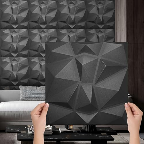 Eurodeco 3D Wandpaneele - 3D Wandverkleidung Paneele - Dekoren Deckenpaneele - Wanddeko Platten - Wandtattoos aus Polystyrol XPS Styropor - 50 x 50 cm, 3 mm Stärke, Diamant Schwarz, 32 Stück (8m²)
