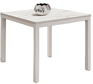 KONTE.DESIGN Tavolo TROPEA in legno, finitura marmo statuario e metallo verniciato bianco, allungabile 90x90 cm - 180x90 cm