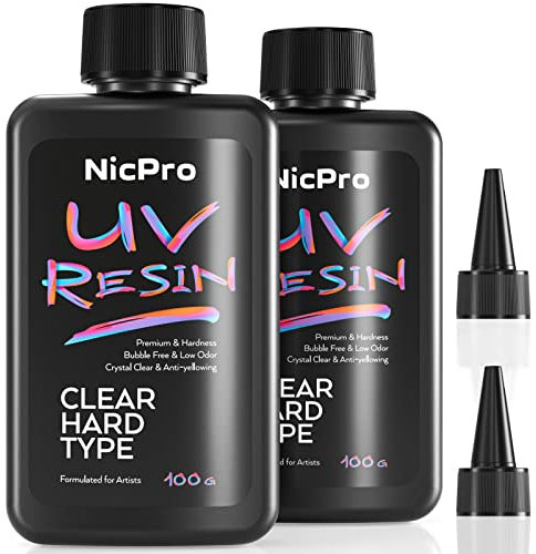 Nicpro UV Resin 200g, 2 PCS Upgrade Crystal Clear Ultraviolet Epoxy Resin Glue Kit, Low Odor & Quick Curing Sunlight Hard UV Resin for Jewelry Making, Handmade DIY Craft, Coating and Casting