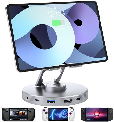 Dockingstation 10-in-1 Handkonsolen-Dock mit 4K @ 60Hz HD,SD/TF 4.0, 100 W PD, 3,5 mm Audio-Buchse,USB A,USB C,drehbarer, Faltbarer Typ-C-Hub, Tablet-Ständer für iPad,Steam Deck,ROG Ally Gray