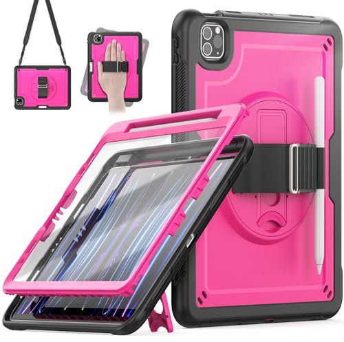 timecity Hülle für iPad Air 5./4. Generation, Stoßfest Robuste Hülle für iPad Pro 11,mit Displayschutzfolie,360-Grad-Drehbarer Ständer/Handschlaufe, Stifthalter, für iPad Air 10.9 2022,Rose