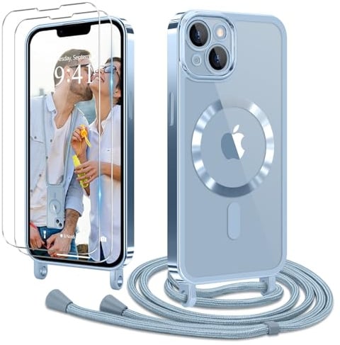 Ethanger für iPhone 14 Plus Hülle mit Band + 2 Schutzfolie, Blau | Handyband Transparent Silikon Handyhülle, Magnetische Schutzhülle Case zum Umhängen Kordel