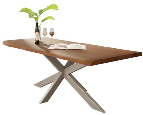 Liadomo Diala Esstisch, Esszimmertisch, Baumkante, Tischplatte 35 mm, natürlicher Look, Industrial Style, Massivholz, 200 x 100, Akazie massiv nuss lackiert + Spider-Gestell Metall Silber
