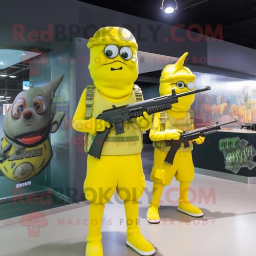 REDBROKOLY Giallo limone Sniper mascotte personaggio costume vestito con un abito da sera e fasce