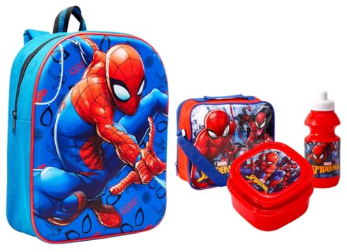 Bundle Bear Juego de mochila y lonchera Spiderman para niños, incluye mochila 3D de Spiderman, bolsa de almuerzo para niños, botella deportiva y recipiente para sándwiches
