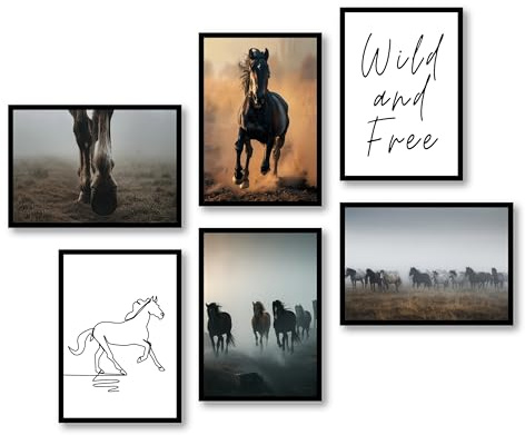 MJ-GRAPHICS® | Mood Poster Set Wildpferde Poster Set - Pferde, Wild and Free - Nautur, One Line - Wandkunst Wohnzimmer, Mädchenzimmer und Naturliebhaber - 6xA3 Kunstdrucke - ohne Rahmen