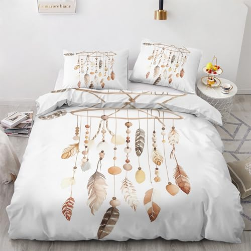 SUWALI Traumfänger Bettwäsche 200x220, Tribu Federn Bettwäsche-Sets, Weich Mikrofaser Bettbezug Set Wendebettwäsche 3teilig - 1 Bettbezüge und 2 Kissenbezug 80x80 cm, mit Reißverschluss