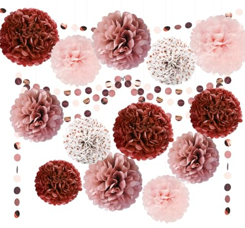 Pompons Deko Rosa, 15 Stück Seidenpapier Pompons mit Punkte Girlande Rosegold, Papier Pompons Girlande für Hochzeit JGA Geburtstag Jugendweihe Gartenparty Babyparty Deko