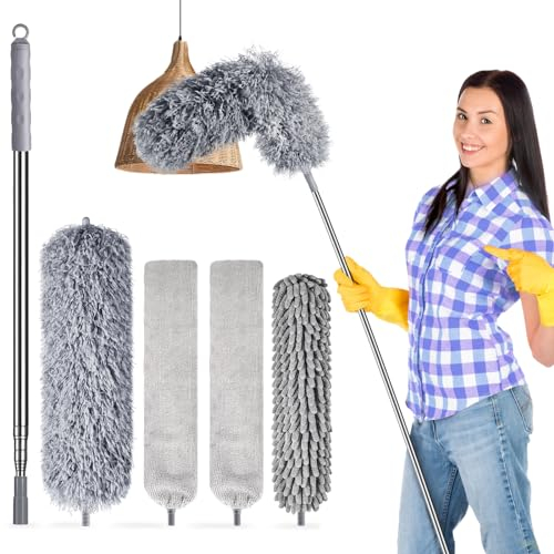 Feather Duster 5PCS Kit - Bendable Microfiber Duster with 30'' to 100'' Extension Pole, Detachable & Reusable for Roof, High Ceiling Fan, Blinds, Furniture & Cars