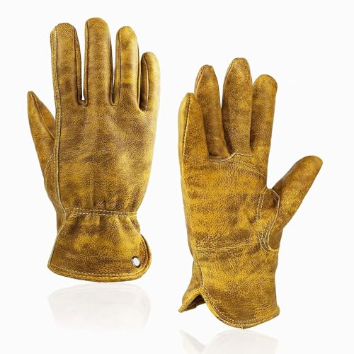 OLSON DEEPAK Guantes de trabajo de cuero marrón retro para corte/motocicleta/granja, guantes de trabajo de vaca con efecto descolorido para hombres (amarillo-01, M)