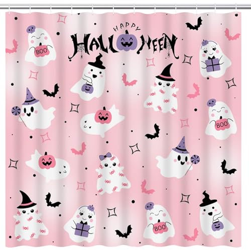 HINGTAI Rideau de Douche Mignon pour Halloween, Rideau de Douche Effrayant en Tissu pour décoration de Salle de Bain, Baignoire Rose pour la Maison,180 x 180 cm,Curtain for Bathroom