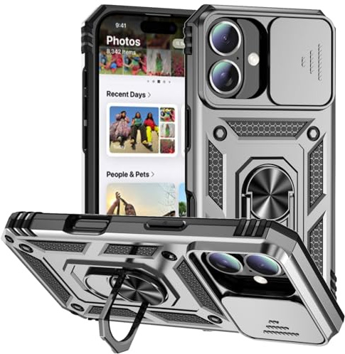 Hitaoyou Phone Case for iPhone 16 Case,iPhone 16 Magnetic Case with Camera Cover & Kickstand Military Grade Shockproof Heavy Duty Protective Cover for iPhone 16 Silver