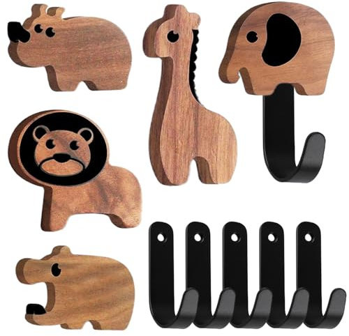 5 Stücke Kleiderhaken in Tierform: Garderobenhaken Kinder aus Walnussholz Kleiderhaken Wand mit Schrauben, Kindergarderobe Kleiderhaken Garderobe, für Schlafzimmer Badezimmer Kleiderschrank