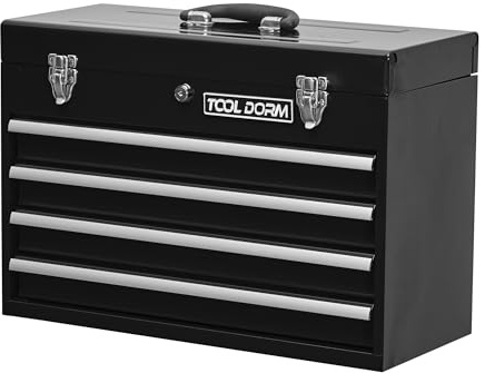 TOOL DORM Caisse a Outil à Quatre Tiroirs, Boite a Outils avec Poignée, Mécanisme de Verrouillage Central, Revêtement de Sécurité, Adaptée aux Ateliers Domestiques, 20.3 x 8.8 x 14 Inch, Noir