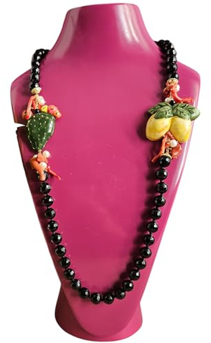 Collana Siciliana in Onice con Limone e Fico d'India in Ceramica di Caltagirone