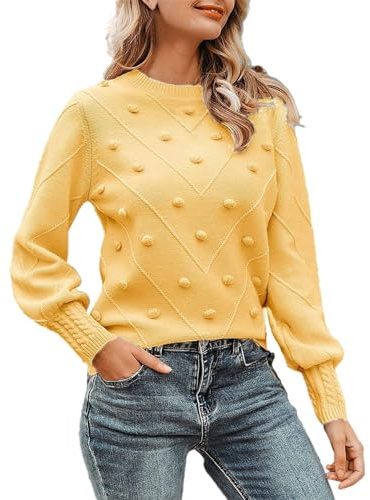 Women Jumpers Crewneck Sweater Plian Pullover Casual Cable Knit Sweater Long Sleeve Loose Fit Top Elegant Pullover Clothing E-01 (Yellow, XL)