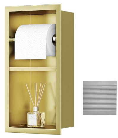 Qeke Einbau Toilettenpapierhalter, Nische WC-Papierhalter aus Edelstahl, Klopapierhalter mit WC Rollenhalter und Aufbewahren, Wandmontage, Doppelschicht, 34x18cm, Golden