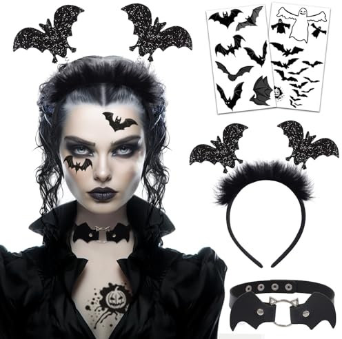Luckeey Fledermaus Kostüm Damen, Halloween Fledermaus Haarreif mit Halskette Gesichtstattoo, für Halloween Karneval Party, Mottoparty Cosplay