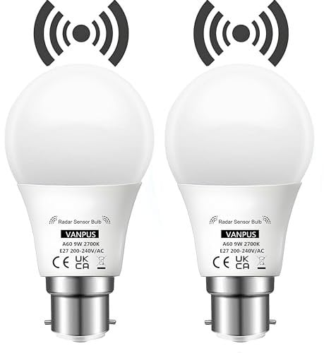 Vanpus Motion Sensor Light Bulb, B22 LED Light Bulb, Auto On/Off Radar Sensing Bulb, 9W Warm White (2700k),Dusk to Dawn Light Bulbs, Garages, Corridors, Courtyards, etc (2 Pack)