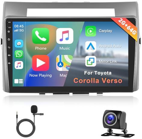 Hodozzy 2G+64G Android Autoradio für Toyota Corolla Verso 2004-2009 Wireless Carplay Android Auto, 9 Zoll Touchscreen mit Navi GPS WiFi Bluetooth Mirrorlink HiFi FM RDS Canbus mit Rückfahrkamera