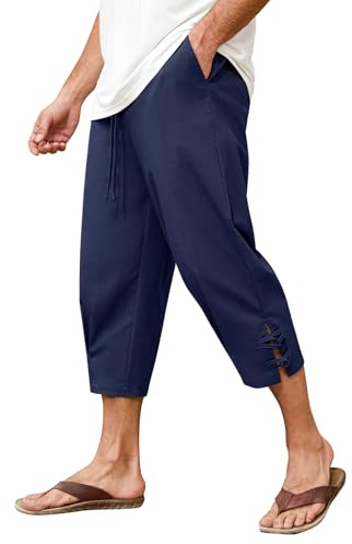 Vijamiy Short 3/4 en Lin pour Homme Pantacourt été Baggy être en Jachère Short de Plage Cordon élastique à la Taille Lin Homme Bermuda avec Poches(Bleu,XXL)