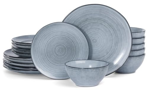Richmount Tempus 18-Piece Dinner Set, Irregularly Shaped Swirl Stoneware Plates and Bowls Set, Dinner Sets for 6 People, Dinner Plates/Dessert Plate/Soup Bowl, Glazed Ceramic Dinnerware Sets, Blue
