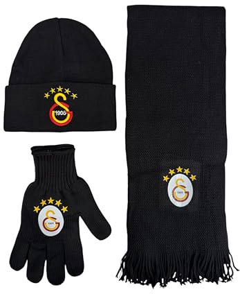 Gök-Türk 3 Teiliges Set aus Beanie Mütze, Halsschal und Handschuhe mit Logo Galatasaray GS - schwarz