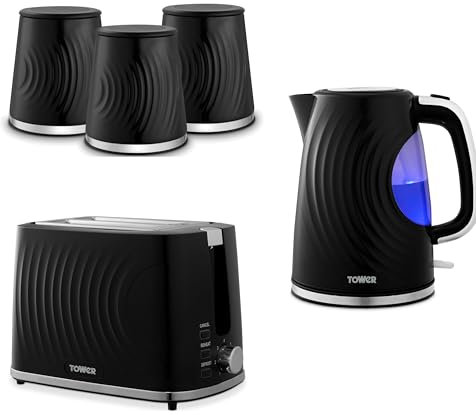 Tower Sonar Black 1.7L 3KW Kettle, 2 Slice Toaster and Tea, Coffee, Sugar Canisters. Stylish Matching Kitchen Set of 5 in Black, Embossed with a Beautiful Ripple Design