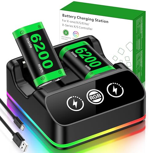 Chargeur avec 2 batteries rechargeables de 6200 mWh pour manette Xbox One/Series X|S, Xbox One Series avec station de charge pour manettes XboxOne/S/X/Elite