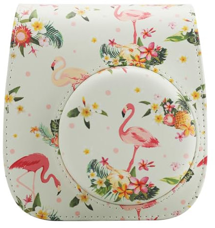 QICNMFA Protective Case Compatible with Fujifilm Instax Mini 12 11 9 8 8+ Instant Camera, PU Leather Camera Case with Pocket and Adjustable Shoulder Strap (Floral Flamingo)