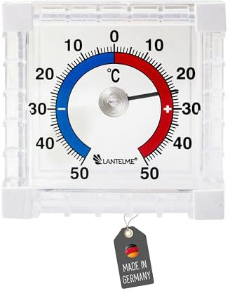 Lantelme Fensterthermometer selbsklebend Temperaturbereich -50°C bis 50°C Analog | zum ankleben an Glas für Fensterscheibe | Fenster Außen Thermometer 7 x 7cm klein (ThermoEckig)