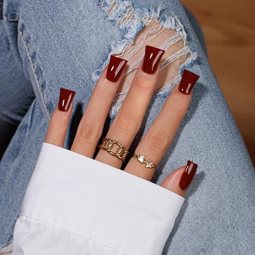 KQueenest Duck Press on Nails Mittel – Sheer Weinrote Nägel zum Aufkleben Lange, Einfarbig Eckig Fake Nails mit Kleber, Dunkel Künstliche Nägel Set für Frauen, 24 Stück