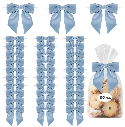TONIFUL 50 x staubblaue Satinschleifen mit Bindeband, 11,4 cm dekorative Schleifen für Geschenkverpackungen, Leckerli-Tüten, Basteln, Flaschen, Weihnachtsbaum, Hochzeit, Babyparty