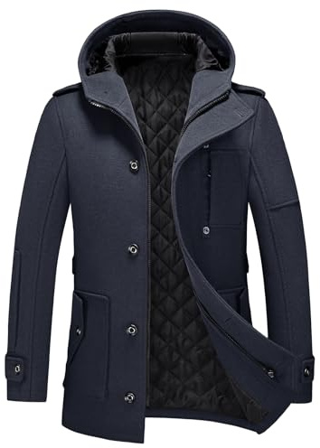 KUDORO Herren Wintermantel Wolle Kurzmantel mit Kapuze Mittellang Slim Fit | Wollmantel für Business Freizeit Peacoat Casual