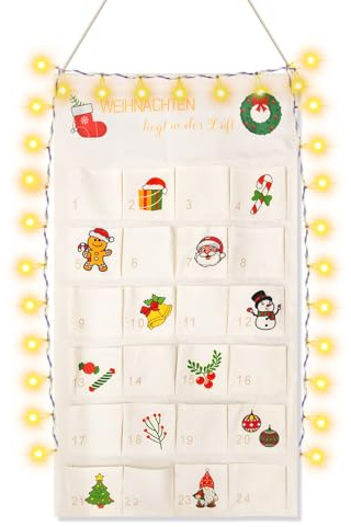 Calendario de Adviento 2025 para rellenar, tela, calendario de Navidad para rellenar, reutilizable con 24 bolsillos, calendario de Adviento para colgar, para colgar en la pared, puerta, Navidad