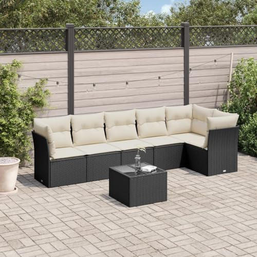 QJBSAVVA Schwarze 7-TLG. Garten-Lounge mit 240 cm breiter Eckbank, Poly-Rattan Garnitur 55 x 62 x 69 cm, UV-beständiges Outdoor Sitzgruppe für Balkon, Terrasse und Garten