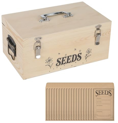 EUNEWR Saatgut Aufbewahrung Box, Samen Aufbewahrung Organizer aus Holz mit Sicherheitsschloss, Saatgut Aufbewahrungs Organizer mit farbigen Registerkarten und 60 Samenumschlägen