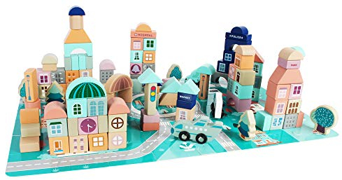 FeiWen Bunte Holzbausteine 133 TLG Ahornholz Holzklötze Bauklötze mit Stadt Hintergrund Puzzle