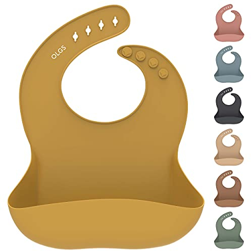 OLGS Silikon Lätzchen Baby Fütterlätzchen Babylätzchen mit Auffangschale | Silikonlätzchen für Jungen, Mädchen | BPA-Frei & Wasserdicht, Abwaschbar Mustard | Ergonomisch, Babylatz Latz für Kleinkinder