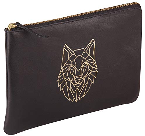 Clairefontaine 410187C - Universaltasche Mäppchen aus Lammleder Black Forest, 27x19 cm, Wolf in Schwarz Gold, 1 Stück
