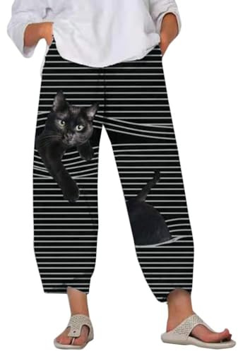 Minetom Damen 7/8 Jogginghose Haremshose Baggy Mit Taschen Pumphose Sommerhose Leichte Yoga Freizeithose Tierdruck Strand Hose A Schwarz M
