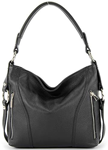 modamoda de T202 Damen Leder Henkeltasche Schultertasche handmade in Italy, Farbe:Schwarz