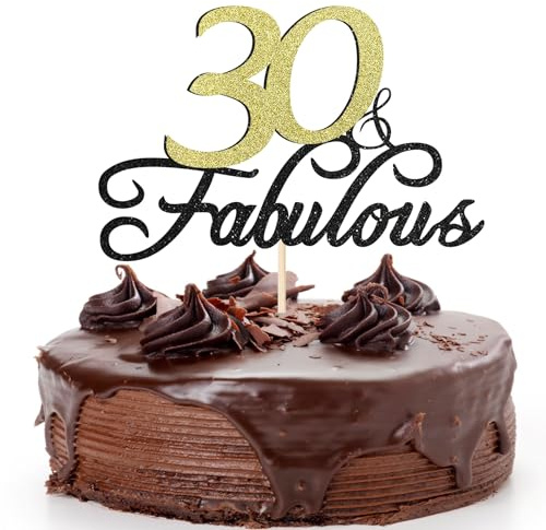 Siipoo Tortenaufsatz, 30 & Fabulous Birthday Cake Topper, Schwarz Gold Glitter Cake Topper für 30th Happy Birthday Anniversary Engagements Party Dekoration Supplies
